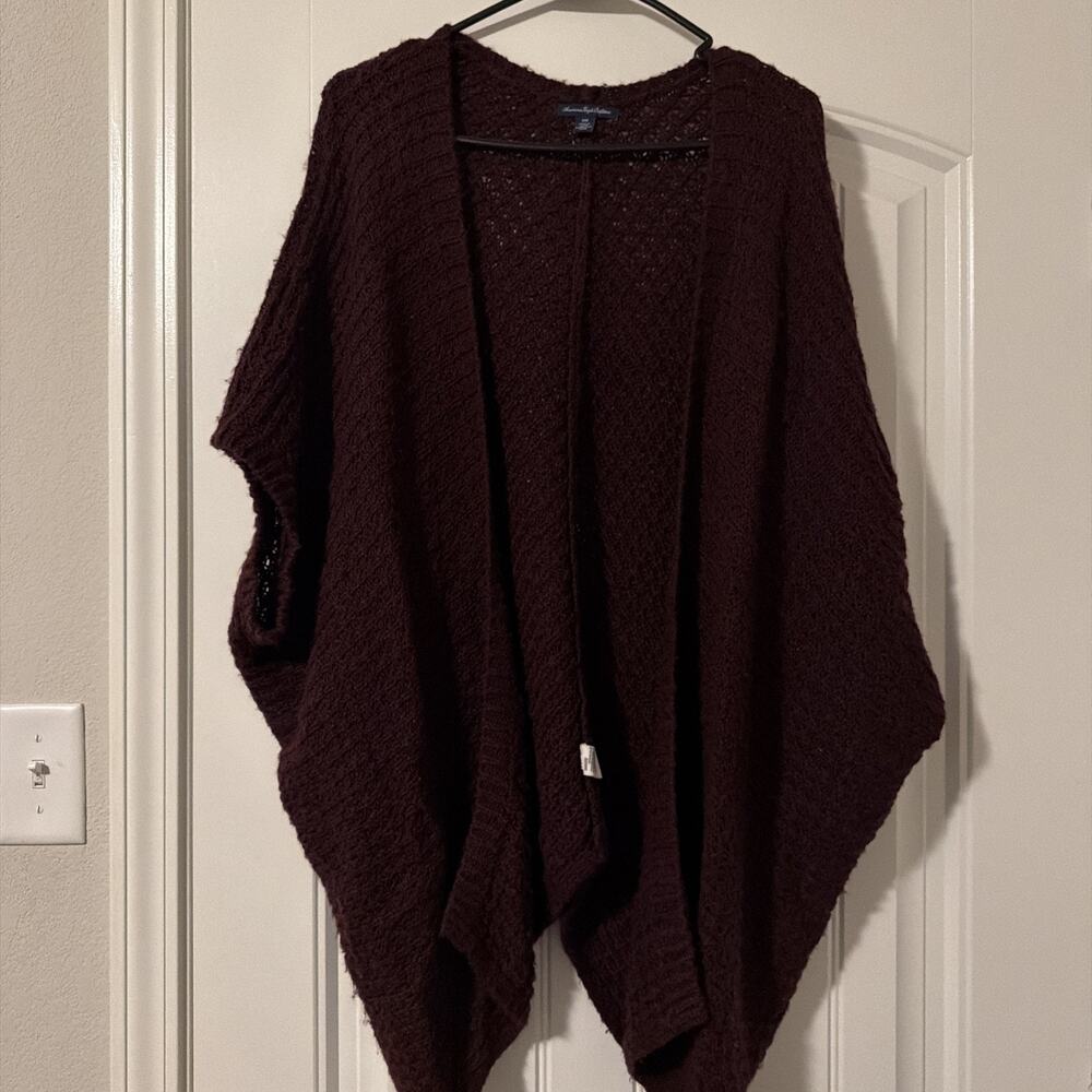 American Eagle Women’s Medium Burgundy Open Front Knit Cardigan Boho Sweater